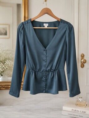 J. Crew Emerald Green Satin V-Neck Button Front Peplum Blouse Size 6